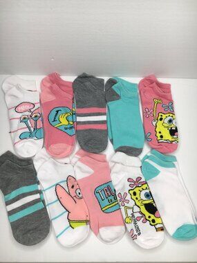 SpongeBob Nickelodeon No-Show Socks 10-Pack Girls Shoe Size 4-10 Fun Patterns
